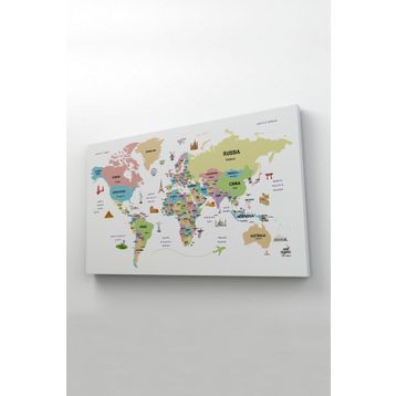 Harita Sepeti 2307 Dünya Haritası Dekoratif Ülke ve Başkentli Öğretici ve Sembollü 95x55 cm Kanvas Tablo