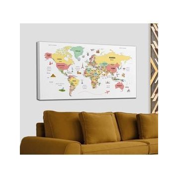 Harita Sepeti 2313 Dünya Haritası Dekoratif Ülke ve Başkentli Öğretici ve Sembollü 95x55 cm Kanvas Tablo