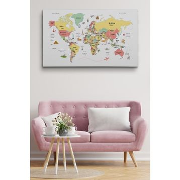 Harita Sepeti 2313 Dünya Haritası Dekoratif Ülke ve Başkentli Öğretici ve Sembollü 95x55 cm Kanvas Tablo