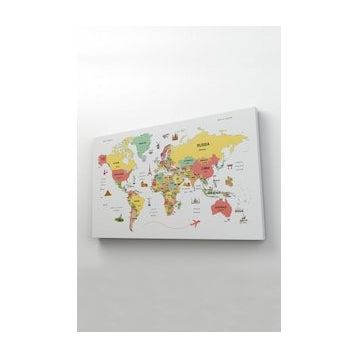 Harita Sepeti 2313 Dünya Haritası Dekoratif Ülke ve Başkentli Öğretici ve Sembollü 95x55 cm Kanvas Tablo