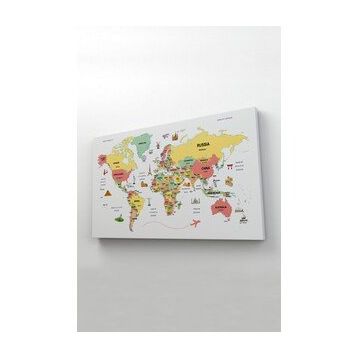 Harita Sepeti 2313 Dünya Haritası Dekoratif Ülke ve Başkentli Öğretici ve Sembollü 95x55 cm Kanvas Tablo