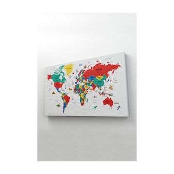 Harita Sepeti 2315 Dünya Haritası Dekoratif Ülke ve Başkentli Öğretici ve Sembollü 95x55 cm Kanvas Tablo