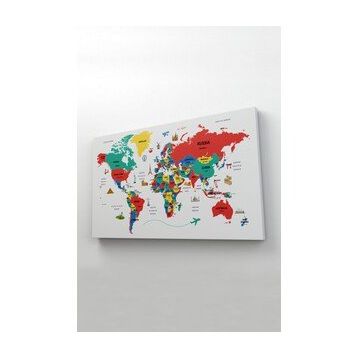 Harita Sepeti 2315 Dünya Haritası Dekoratif Ülke ve Başkentli Öğretici ve Sembollü 95x55 cm Kanvas Tablo