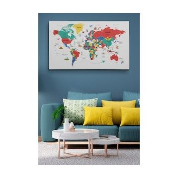 Harita Sepeti 2315 Dünya Haritası Dekoratif Ülke ve Başkentli Öğretici ve Sembollü 95x55 cm Kanvas Tablo