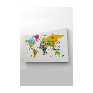 Harita Sepeti 2317 Dünya Haritası Dekoratif Ülke ve Başkentli Öğretici ve Sembollü 95x55 cm Kanvas Tablo