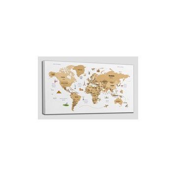 Harita Sepeti 2323 Dünya Haritası Dekoratif Ülke ve Başkentli Öğretici ve Sembollü 95x55 cm Kanvas Tablo