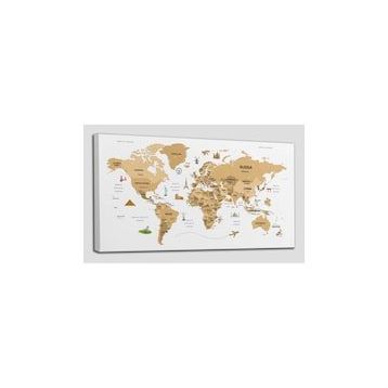Harita Sepeti 2323 Dünya Haritası Dekoratif Ülke ve Başkentli Öğretici ve Sembollü 95x55 cm Kanvas Tablo