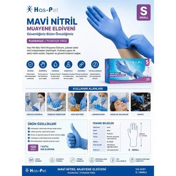 Has-Pet Small 100'lü Mavi Pudrasız Nitril Muayene Eldiveni