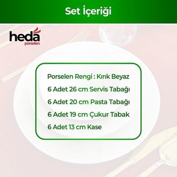 Heda Porselen Rüya Platin Yaldız Kırık Beyaz 24 Parça 6 Kişilik Porselen Yemek Takımı