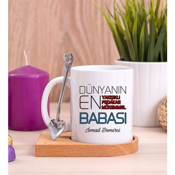 Hediye Dükkanı Kişiye Özel Dünyanın En İyi Babası Baskılı Ahşap Altlıklı Kaşıklı Beyaz Kupa Bardak
