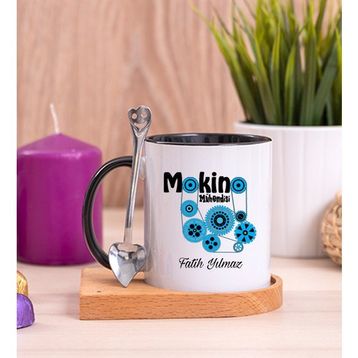 Hediye Dükkanı Kişiye Özel Makine Mühendisi Ahşap Altlıklı Kaşıklı Siyah Kupa Bardak