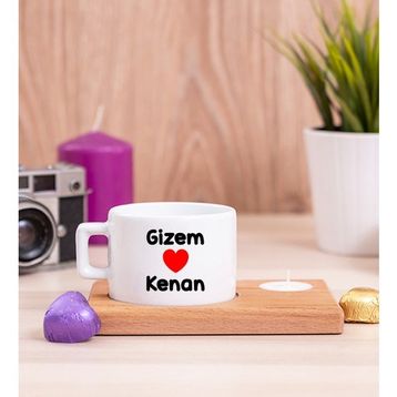 Hediye Dükkanı Kişiye Özel Sevgililere Özel İsim Yazılı Ahşap Altlıklı Mumlu Fincan