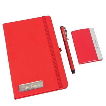 Hediye Rengi İsme Özel Kırmızı Defter Kartvizitlik ve Kalem Özel Tasarım Kutulu​ Hediye Seti