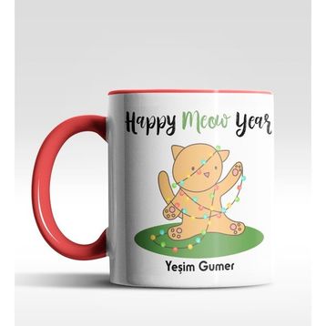 Hediye Zengini Kişiye Özel Happy Meow Year Kedi Tasarımlı Kırmızı Kupa