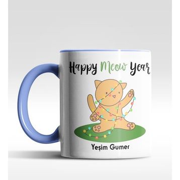 Hediye Zengini Kişiye Özel Happy Meow Year Kedi Tasarımlı Mavi Kupa