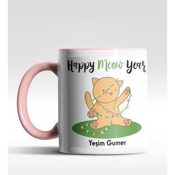Hediye Zengini Kişiye Özel Happy Meow Year Kedi Tasarımlı Pembe Kupa