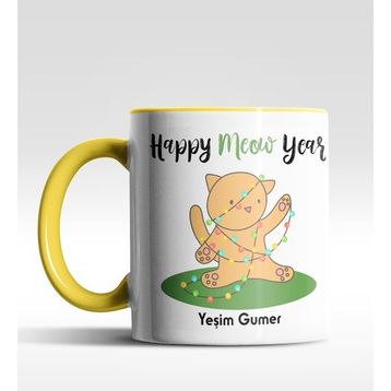 Hediye Zengini Kişiye Özel Happy Meow Year Kedi Tasarımlı Sarı Kupa