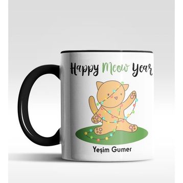 Hediye Zengini Kişiye Özel Happy Meow Year Kedi Tasarımlı Siyah Kupa