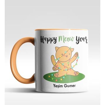 Hediye Zengini Kişiye Özel Happy Meow Year Kedi Tasarımlı Turuncu Kupa