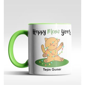 Hediye Zengini Kişiye Özel Happy Meow Year Kedi Tasarımlı Yeşil Kupa