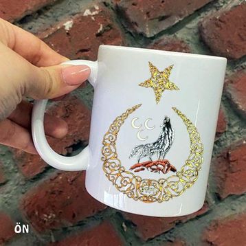 Hediyeci Abla Size Özel Ay Yıldız Bozkurt 3 Hilal Türk Kurt Seramik Baskılı Beyaz Kupa Bardak