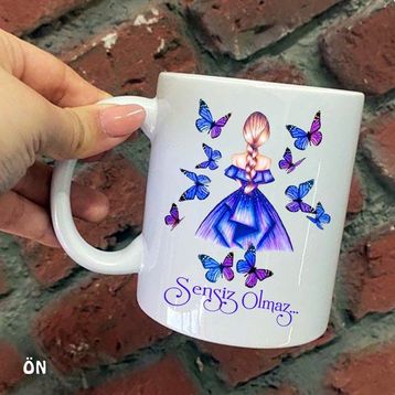 Hediyeci Abla Size Özel Mavi Kelebekli Sensiz Olmaz Seramik Baskılı Beyaz Kupa Bardak