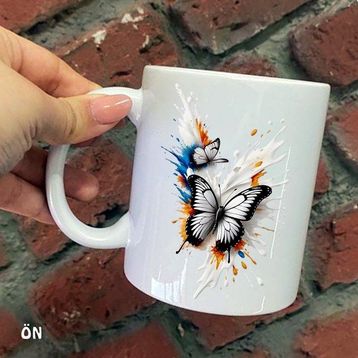 Hediyeci Abla Size Özel Renkli Boyalı Beyaz Kelebekli Seramik Baskılı Beyaz Kupa Bardak
