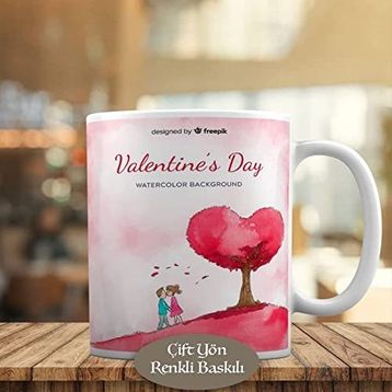 HEDIYELIK-328 Kalpli Pembe Ağaç ve Romantik Çift Kupa Bardak