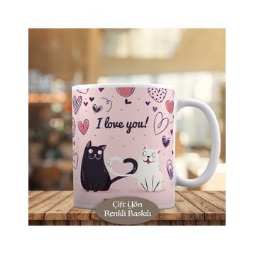 HEDIYELIK-597 I Love You Kalpli Romantik Kediler Kupa Bardak