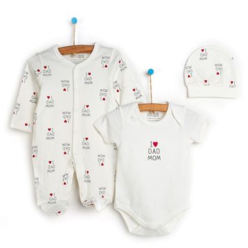 HelloBaby Yenidoğan Baby Mom&Dad Kendinden Eldivenli Unisex Ekru Tulum + Body + Şapka