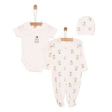 HelloBaby Yenidoğan Baby Mom&Dad Kendinden Eldivenli Unisex Ekru Tulum + Body + Şapka