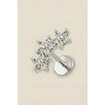 Hetra Gümüş Renkli Cerrahi Çelik Üçlü Çiçek Zirkon Taşlı Flatback Piercing