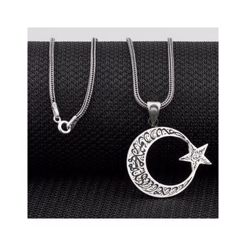 HİLALSHOP 925 Ayar Kelime-i Tevhid Yazılı Ay Yıldız Erkek Gümüş Kolye