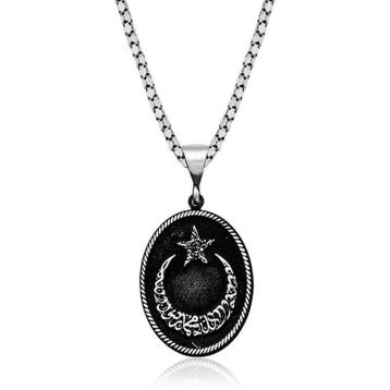 HİLALSHOP 925 Ayar Kelime-i Tevhid Yazılı Ay Yıldız Erkek Gümüş Kolye