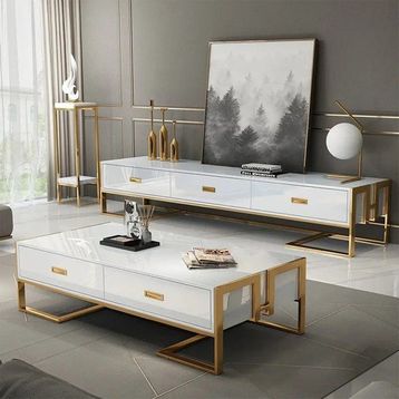 Hitit Dekorasyon Barbara Beyaz Gold Metal Orta Sehpa