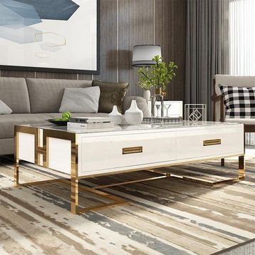 Hitit Dekorasyon Barbara Beyaz Gold Metal Orta Sehpa