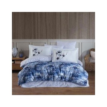 Hobby Premium Deluxe 300TC 200x220 cm Lilian Mavi Çift Kişilik Saten Nevresim Takımı