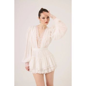 HOLLY LOLLY Dantel Detaylı Fırfırlı Olanna Beyaz Elbise