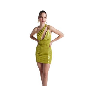 Holly Lolly HLSS23-00099 Tek Omuz Detaylı Parlak Mini Thea Yeşil Kadın Elbise
