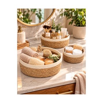 HOMENIVA Naturel Beyaz Şeritli 3 Boy Hasır Sepet Banyo Organizer