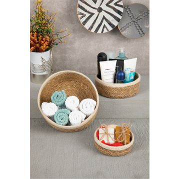 HOMENIVA Naturel Beyaz Şeritli 3 Boy Hasır Sepet Banyo Organizer