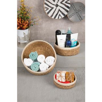 HOMENIVA Naturel Beyaz Şeritli 3 Boy Hasır Sepet Banyo Organizer