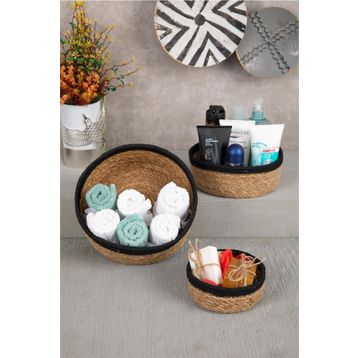HOMENIVA Naturel Siyah Şeritli 3 Boy Hasır Sepet Banyo Organizer