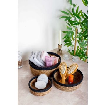 HOMENIVA Naturel Siyah Şeritli 3 Boy Hasır Sepet Banyo Organizer