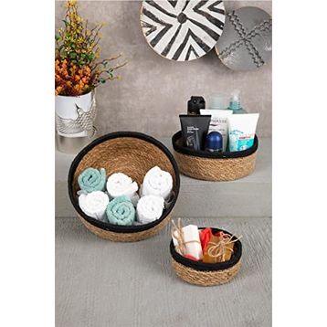 HOMENIVA Naturel Siyah Şeritli 3 Boy Hasır Sepet Banyo Organizer