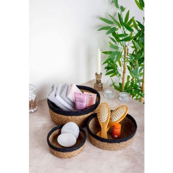 HOMENIVA Naturel Siyah Şeritli 3 Boy Hasır Sepet Banyo Organizer