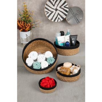 HOMENIVA Naturel Siyah Şeritli 4 Boy Hasır Sepet Banyo Organizer
