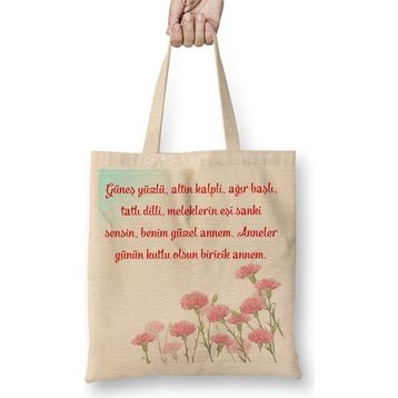 Humuts Anneler Günü Annelere Hediye 036 Bez Uzun Saplı Açık Bej Rengi Çanta