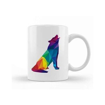 Humuts Geometric Animal Rainbow Wolf Howling Kupa Bardak