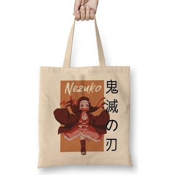 Humuts Graphic Demon Slayer Dark Fantasy Anime Nezuko Meme Art Uzun Saplı Açık Bej Bez Çanta